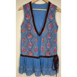 Vintage Boho Embroidered Drop Wais V Neck Mini Dress Sheer Medium